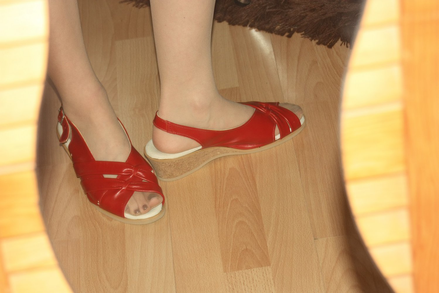 Rote Echtleder Sandalen, Sandaletten, Korkabsatz, Keilabsatz, Sling, Gr. 40