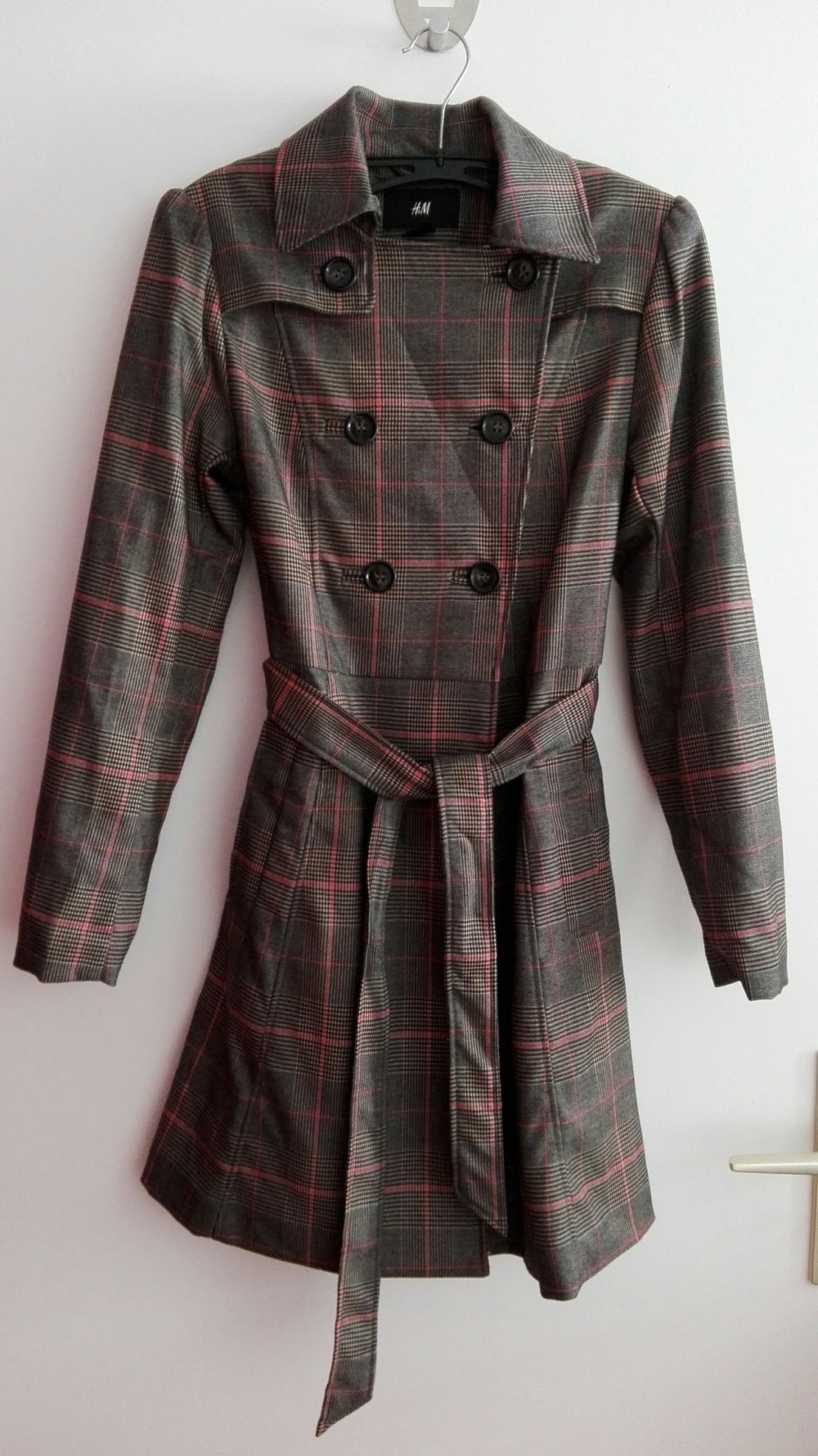 Pink/grau karierter Mantel, Größe 34, H&M
