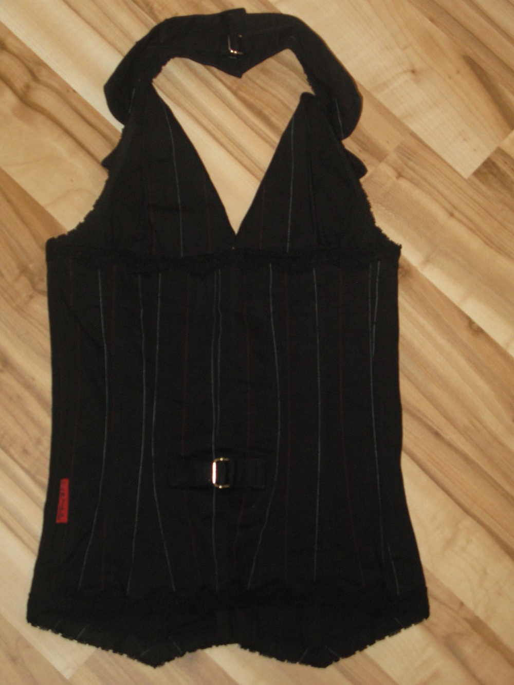 Tripp NYC Neckholder Corsage in schwarz mit Häkchenverschluss und Nadelstreifen in weiß und rot Gr. XS 34