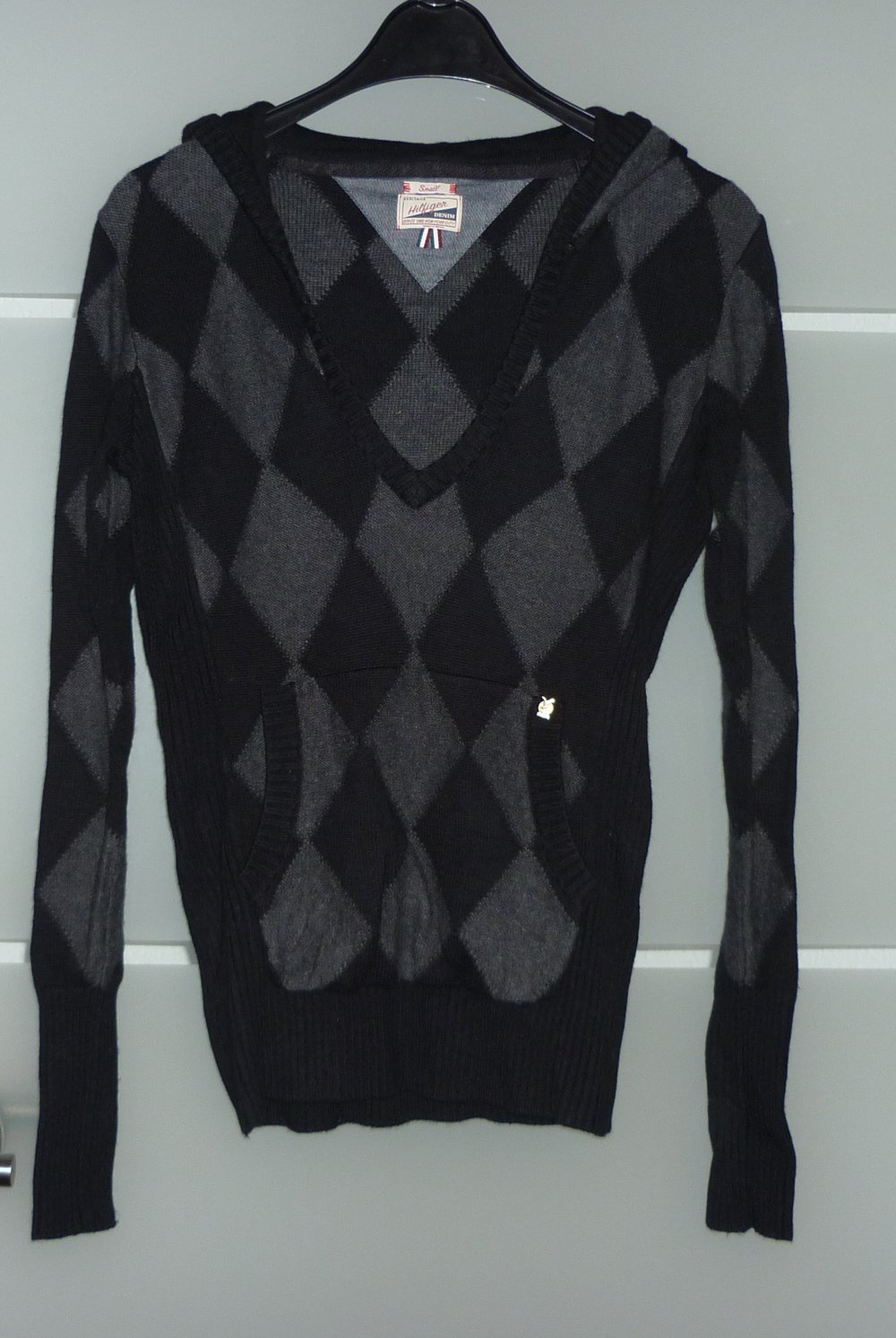 Tommy Hilfiger Denim Strickpullover Hoodie Kapuzenpullover schwarz grau Rauten Größe XS 34
