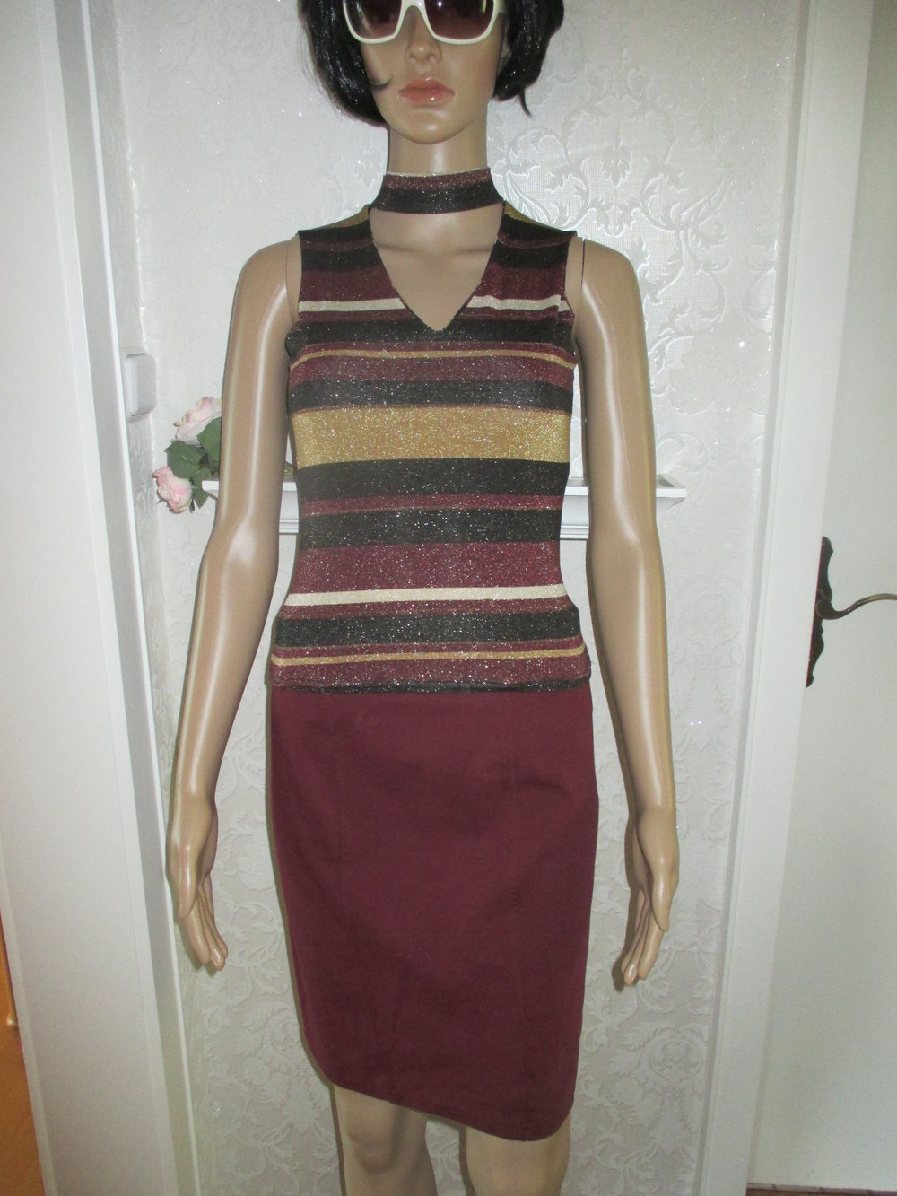 NEUw * Original VINTAGE * Club- Style * DESIGNER * Etui * Bleistift * Shift * High Waist * Mini- Rock * Gr. 36- 38/ S * bordaux * wein- dunkel- rot * gold *