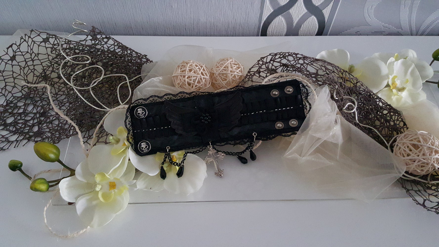 Tolles Punk Gothic Armband Kreuz Totenkopf Blume Kette Spitzen Neu