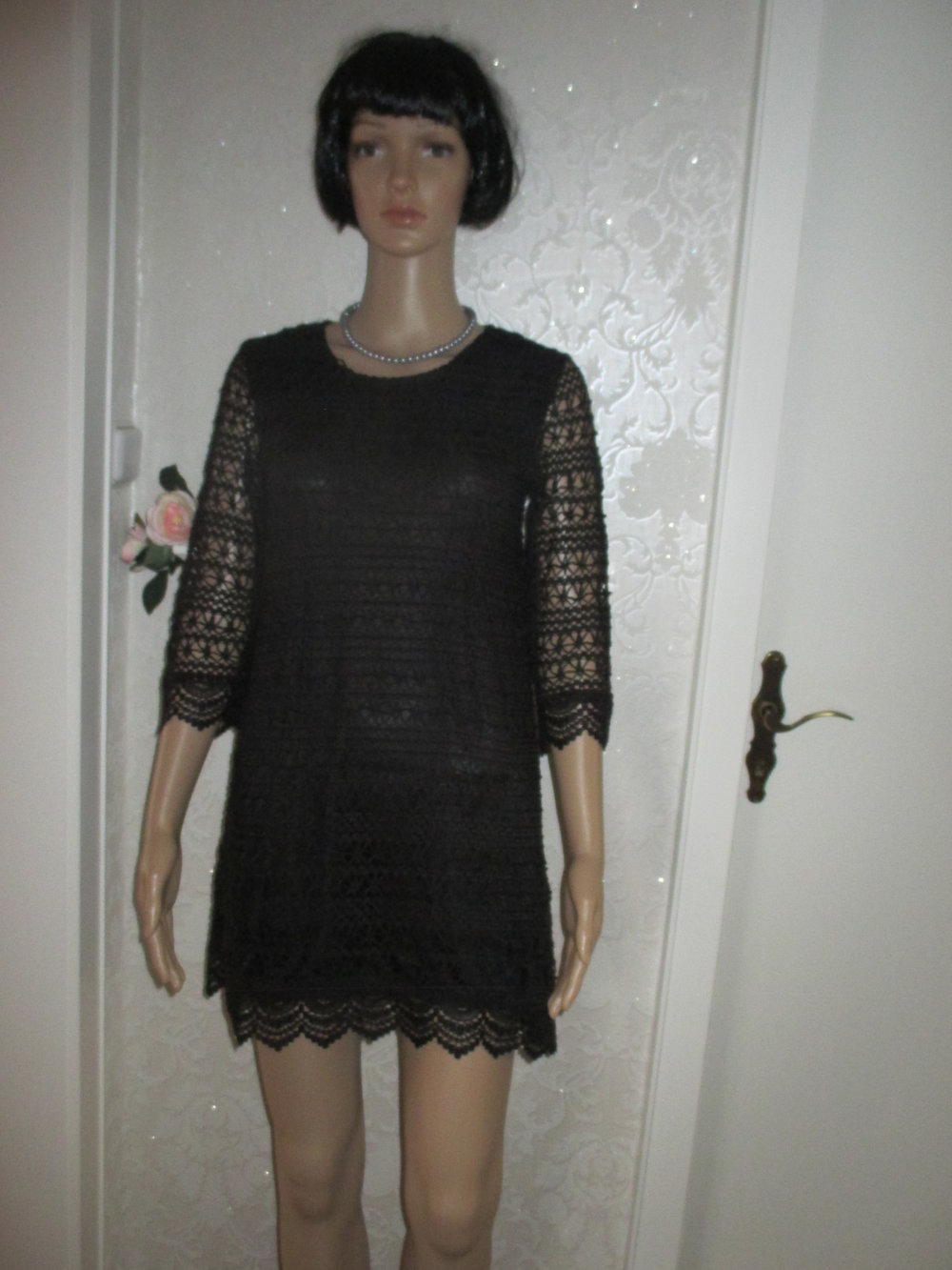 NEU 60er Jahre Boho Hippie Look Lace- Spitzen Häckel Etui Mini Kleid 