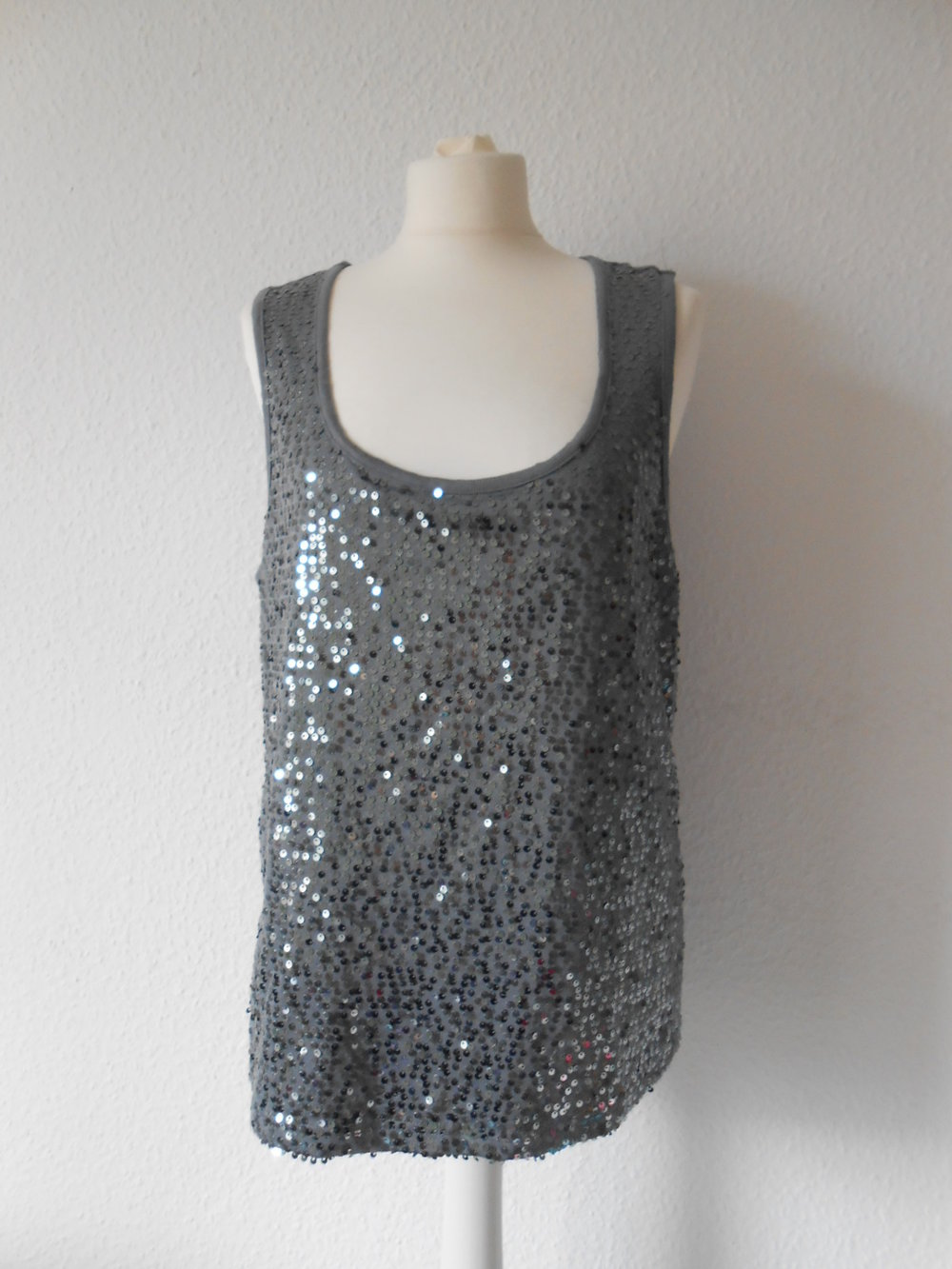 Glitzer Pailletten Top grau silber L 44 46