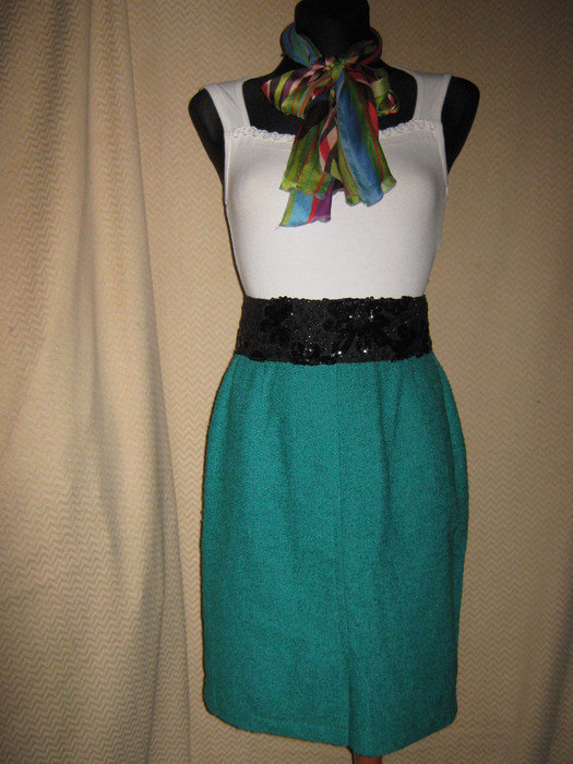 NEU * Original VINTAGE * DESIGNER * Sekretärinnen * Buisness * Pencil- Skirt * Bouclé * High Waist * Rock * Gr. 34/ XS * smaragd- grün *