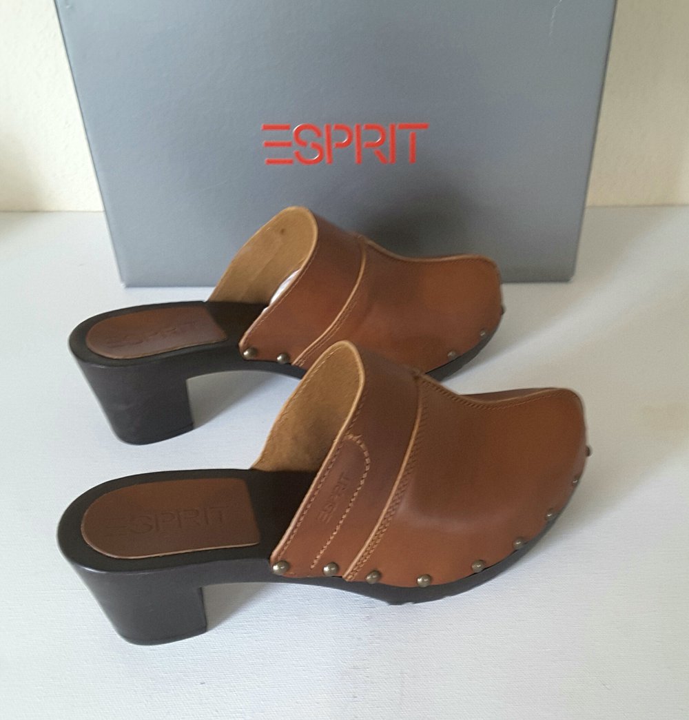Ungetragene Esprit Clogs brandy braun Holz optik Leder Größe 39 (38) wie Neu!