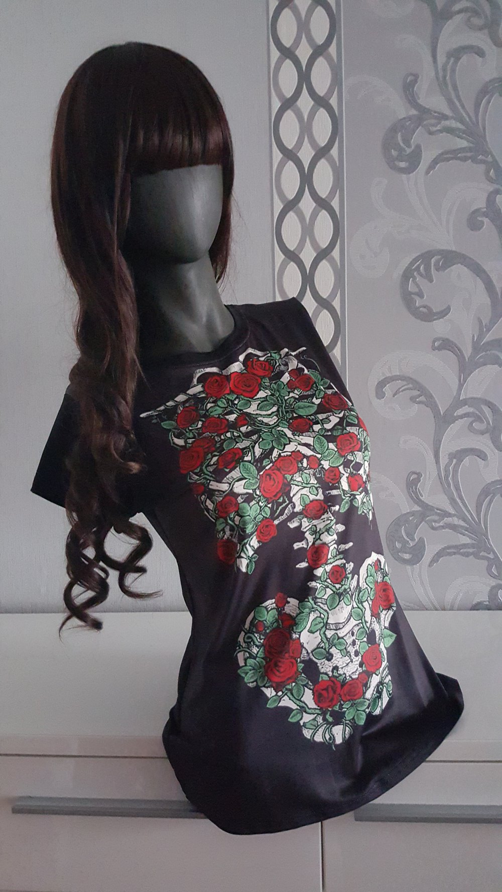 Skelett mit Rosen Blumen T Shirt Halloween Punk 38 40 dehnbar M L 