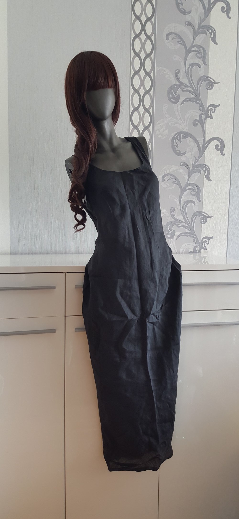 Schwarzes langes Lino Strandkleid für Sommer XL 42 / 44