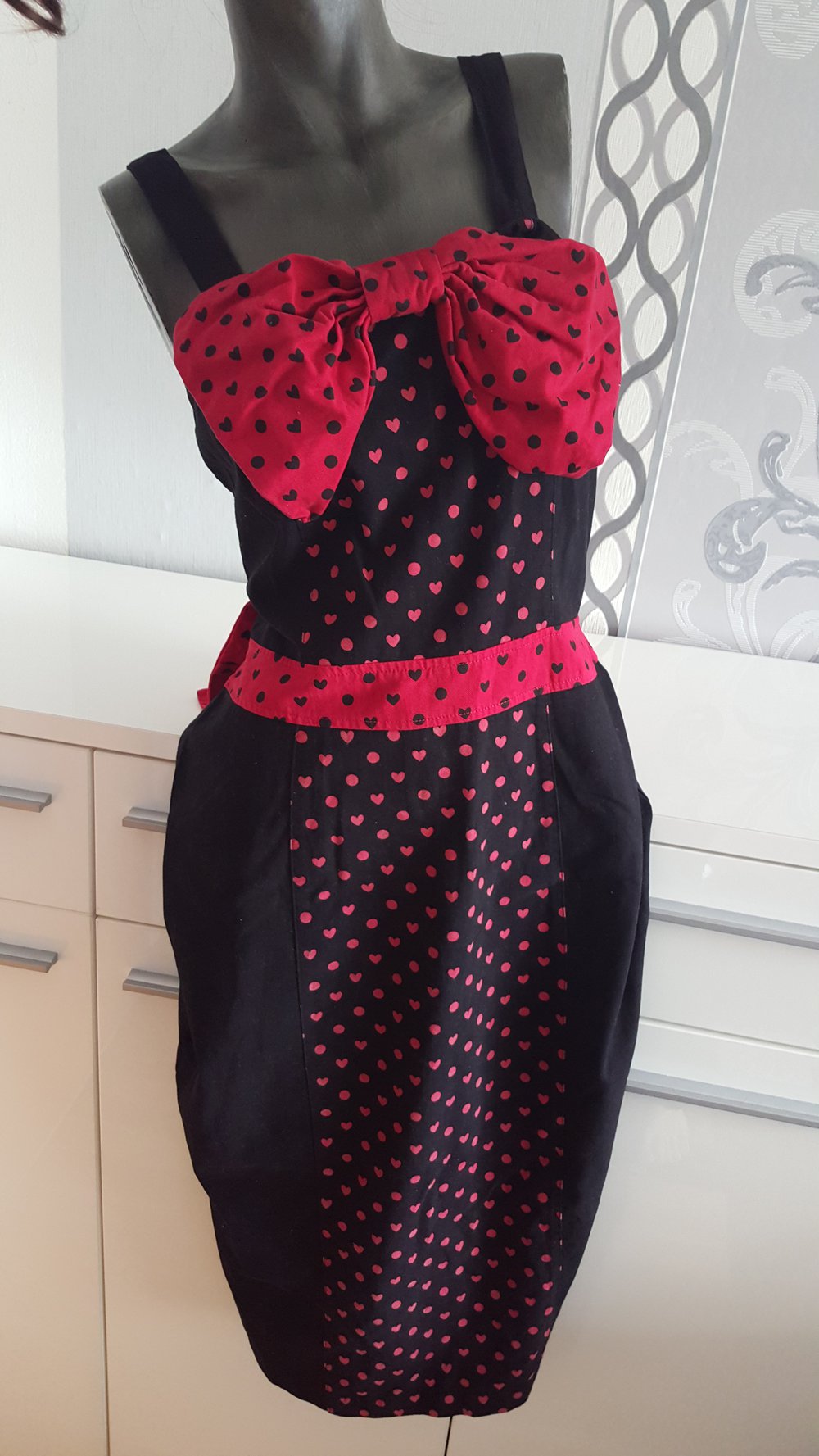 Rockabilly Rockabella Kleid Schleife Herzen Polka Dots Criminal Damage XL 42 Neu