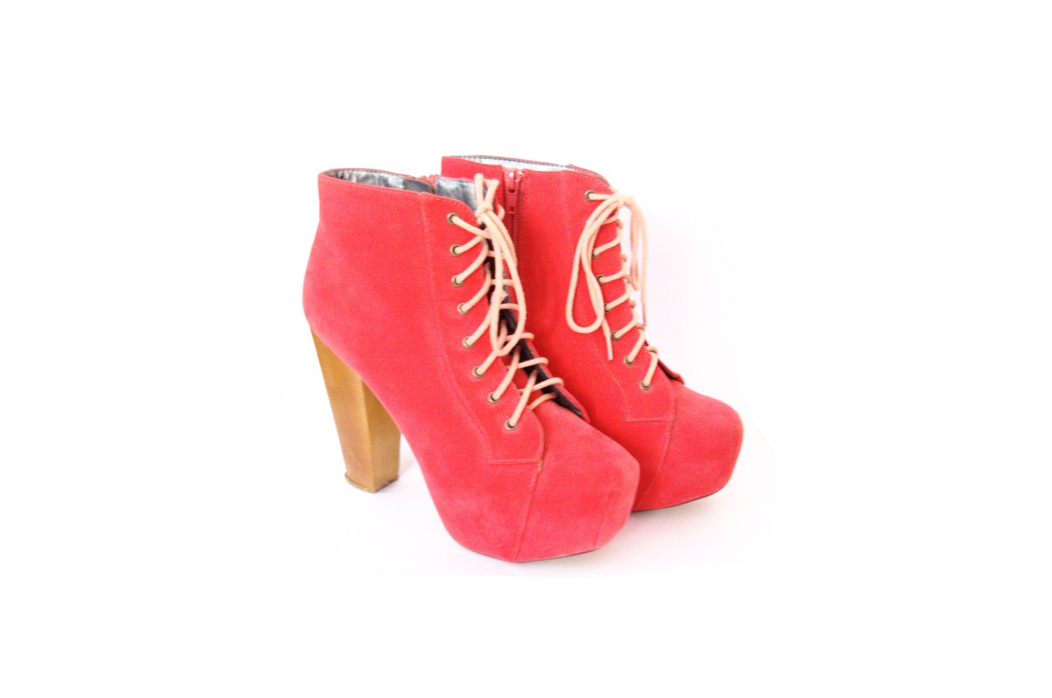 Korallenfarbene Plateaustiefeletten Gr. 40 Litas Schnürung Holzabsatz vegan