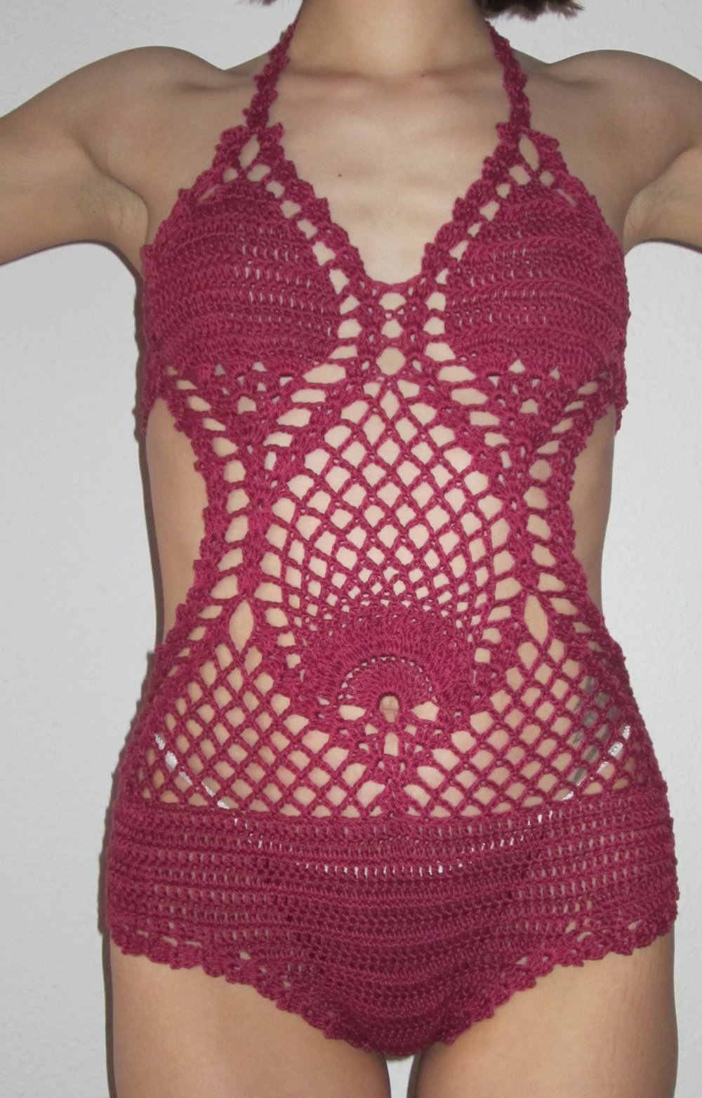 Crochet Häkel Monokini, heißer Badeanzug, sexy Swimwear S 36 Weinrot