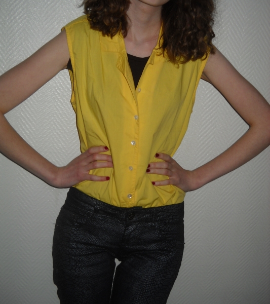 Colour Blocking Hemd Bluse Knoten Tunika Wickelbluse Bindeband gelb ärmellos 34 36 38 XS S M 