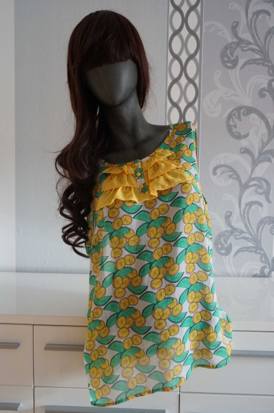 Süße Babydoll Bluse mit Rüschen Zitronen Rockabilly XL 42 44 Gelb Grün Weiß