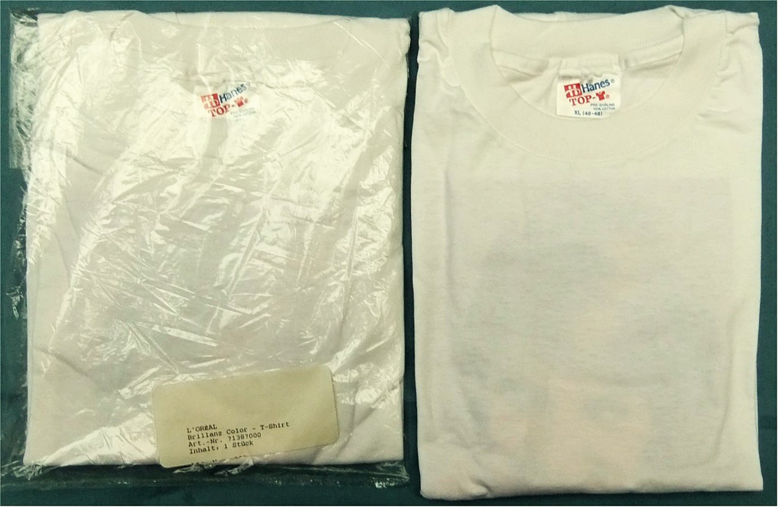 2 Stück T-Shirt weiß - NEU / OVP - Mit Bild von Frau L'Oréal auf dem Rücken - Größe XL ( 46 - 48 ) - 100 % Baumwolle