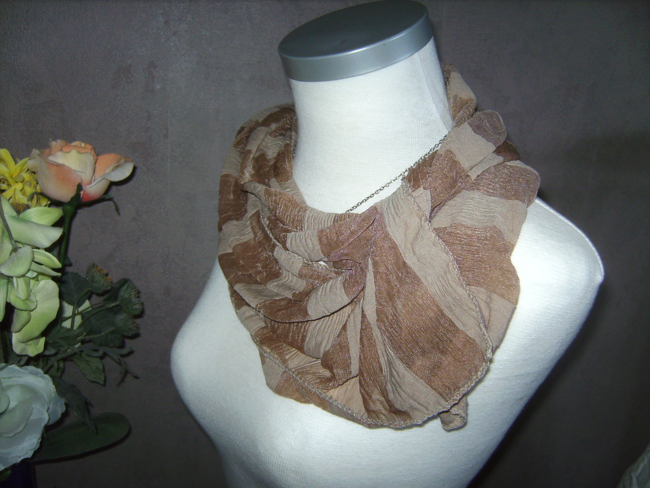 Schal Sommerschal Sandbraun, Viscose glänzendes Material # Retro #Blockstreifen Tuch Accessoire Perlon transparent