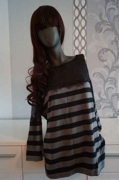 Schwarz Grau gestreiftes Oberteil mit Spitzen an Brust und Oberarm 44 46 Neu