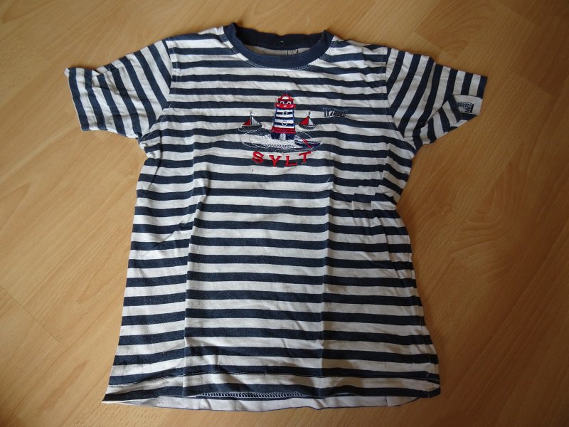 T-Shirt blau weiß gestreift SYLT Gr. 110 mit Leutturm Stickerei