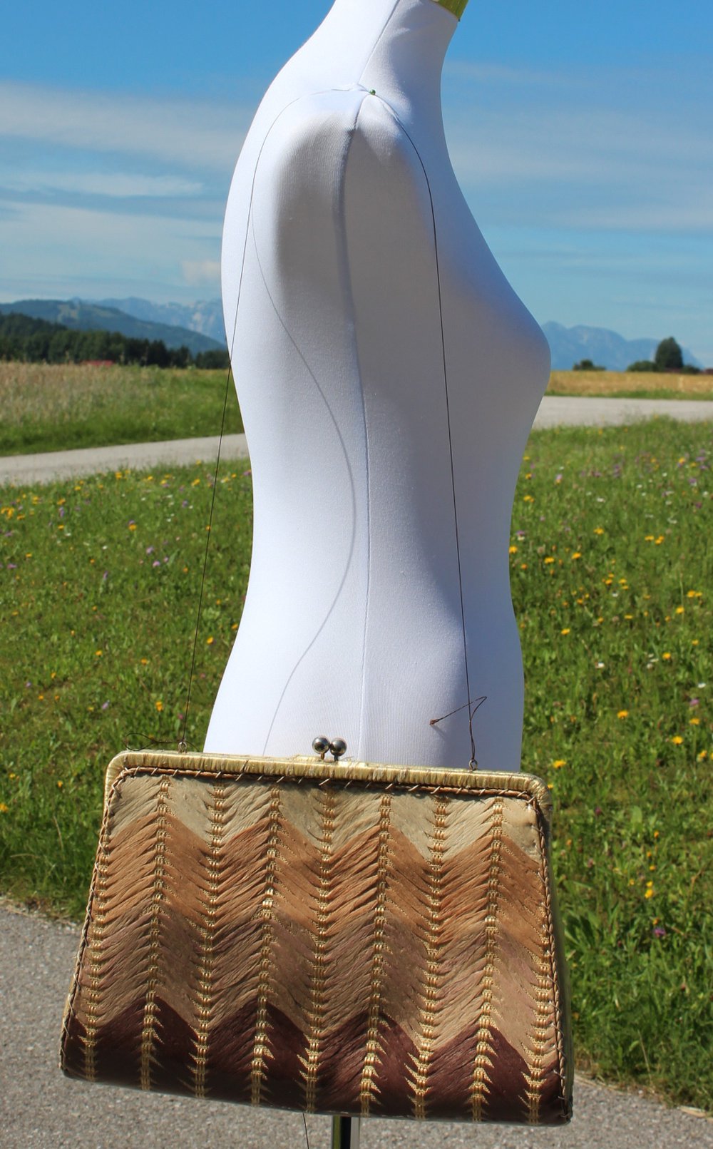 creme braune True Vintage Tasche aus Stroh oder Bast, Strohtasche, Basttasche, Vintageclutch