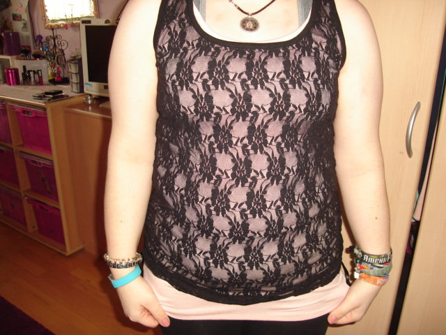 New Yorker Fishbone Doppeltop Top schwarz rosa Größe XL