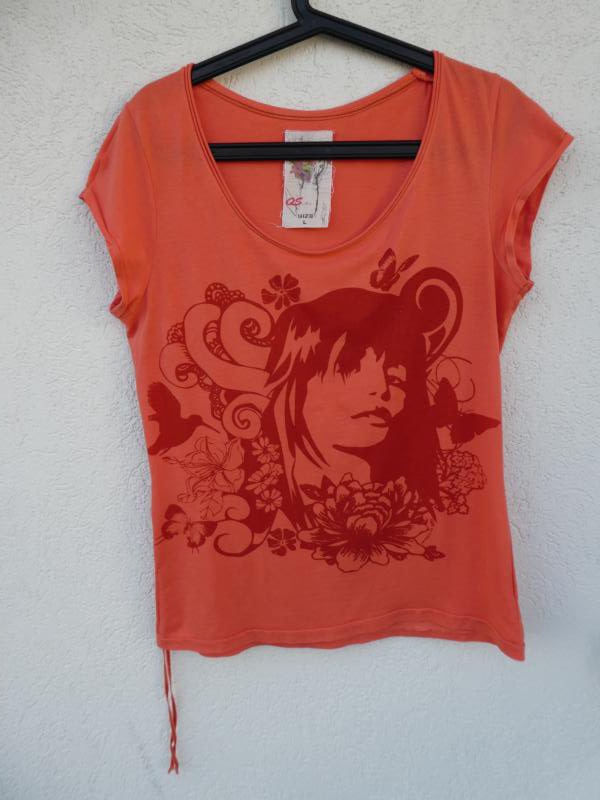 QS by s.Oliver – T-Shirt, orange mit Aufdruck – Gebraucht, fast wie neu