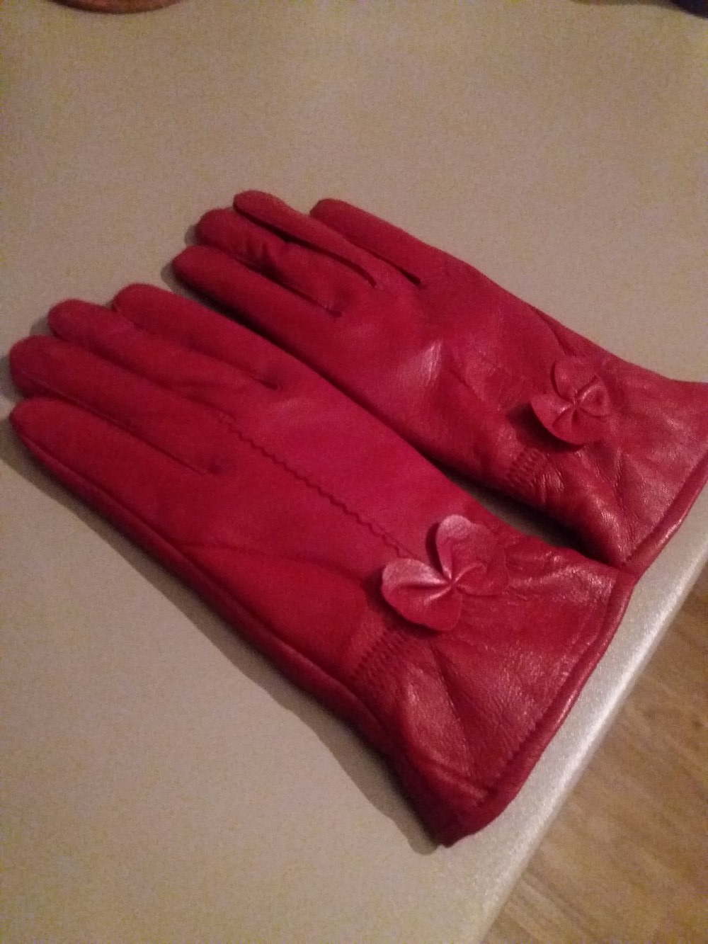 rote Handschuhe Damen Echtleder Lammfell gefüttert Fell Schleife Fahrrad retro Vintage