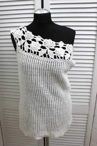 vintage Häkelkleid Boho Strickkleid Tunika Longshirt Weiß Kleidchen mit Rosen XS S 32 34