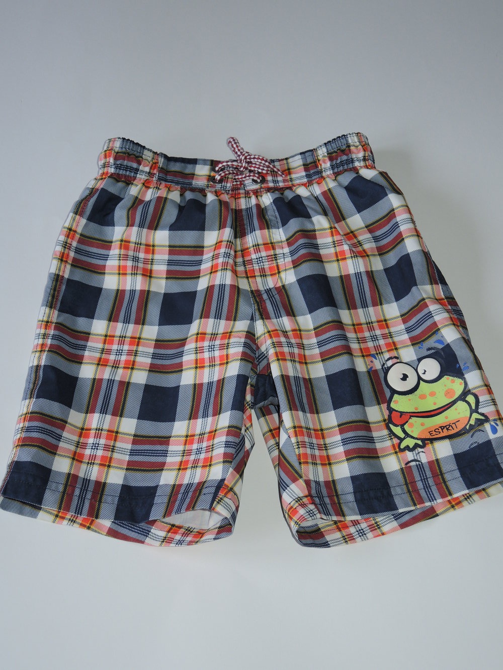 coole Badehose/Badeshorts blau rot weiß gelb kariert mit coolem Frosch Aufdruck Gr.104 von Esprit