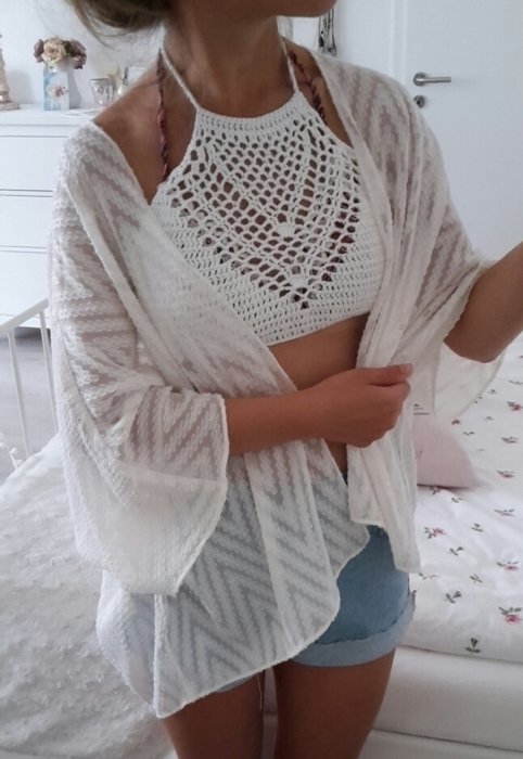 Häkel Crop Top Bralette Cut Out White Festival Boho Hippie Bikini