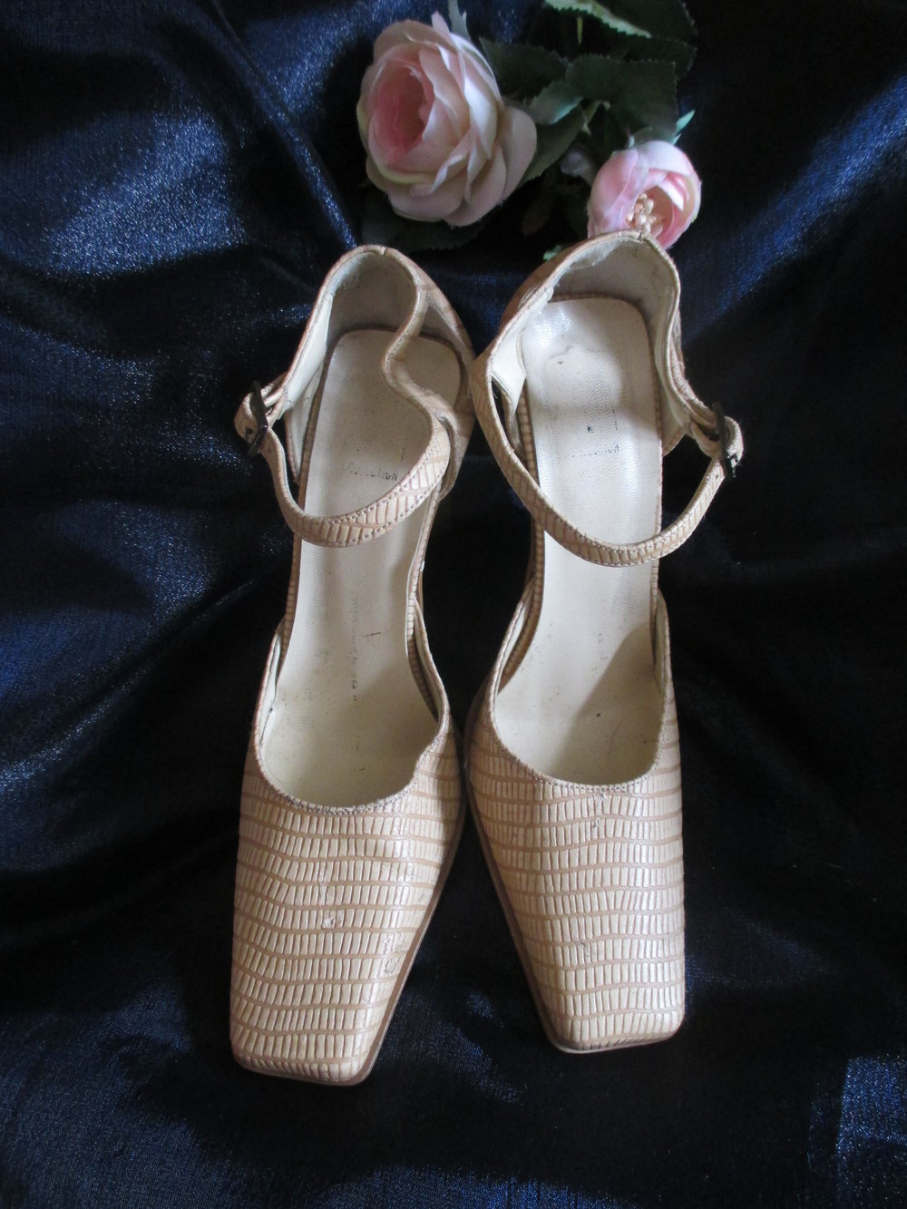  VINTAGE Salsa- Style Kroko- Leder Fessel- Pumps High Heels Stilettos Schuhe Made in Italy* Gr. 37/ 4, cremè- beige nude