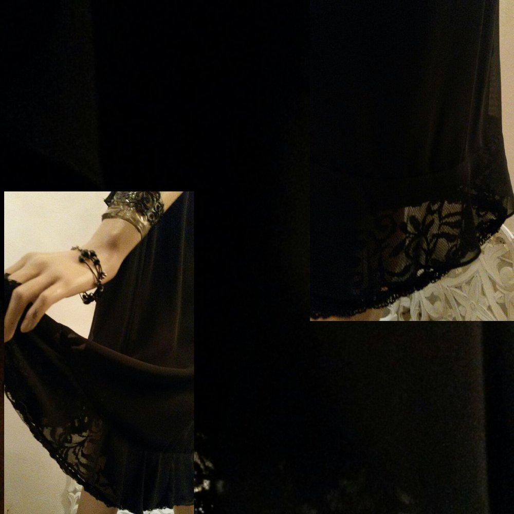 Edles tiefschwarzes Kleid mit Volants, Spitzeneinsatz, Perlen und Pailletten 