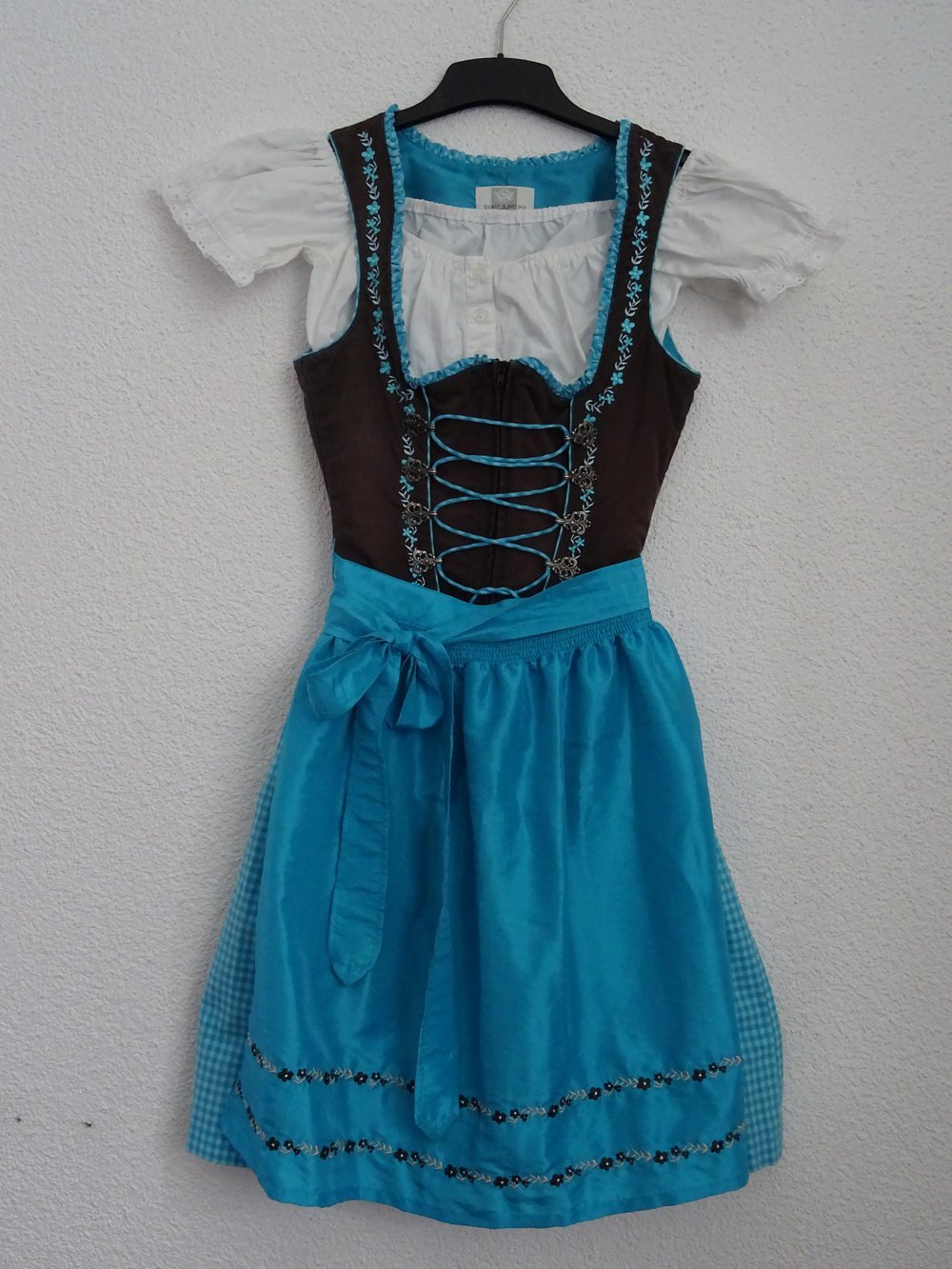 Mini-Dirndl Spieth & Wensky Gr. 32 XS braun türkis Carmen-Bluse