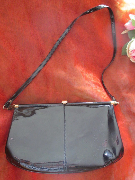 Original VINTAGE Lack- Echt- Leder Abend Clutch Hand- Tasche schwarz- gold