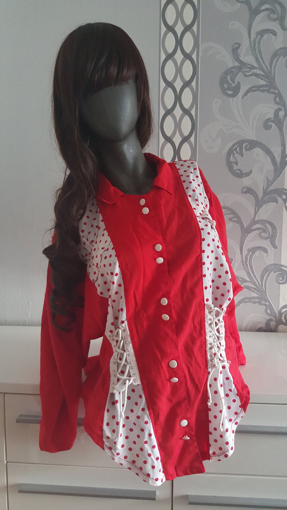 Rot weiß Polka Dots Rockabilly Rockabella Bluse Schnüren 44 46 XL