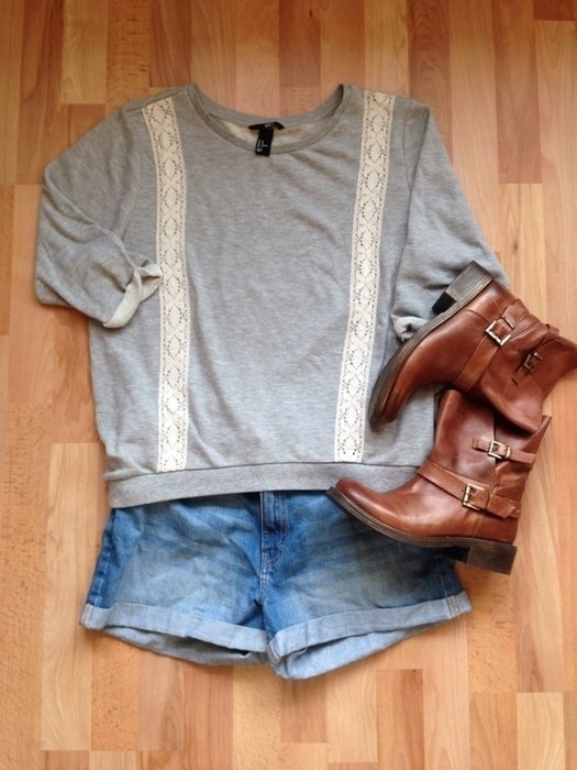 H&M Pullover mit Spitze Oversized Sweater Sweatshirt grau