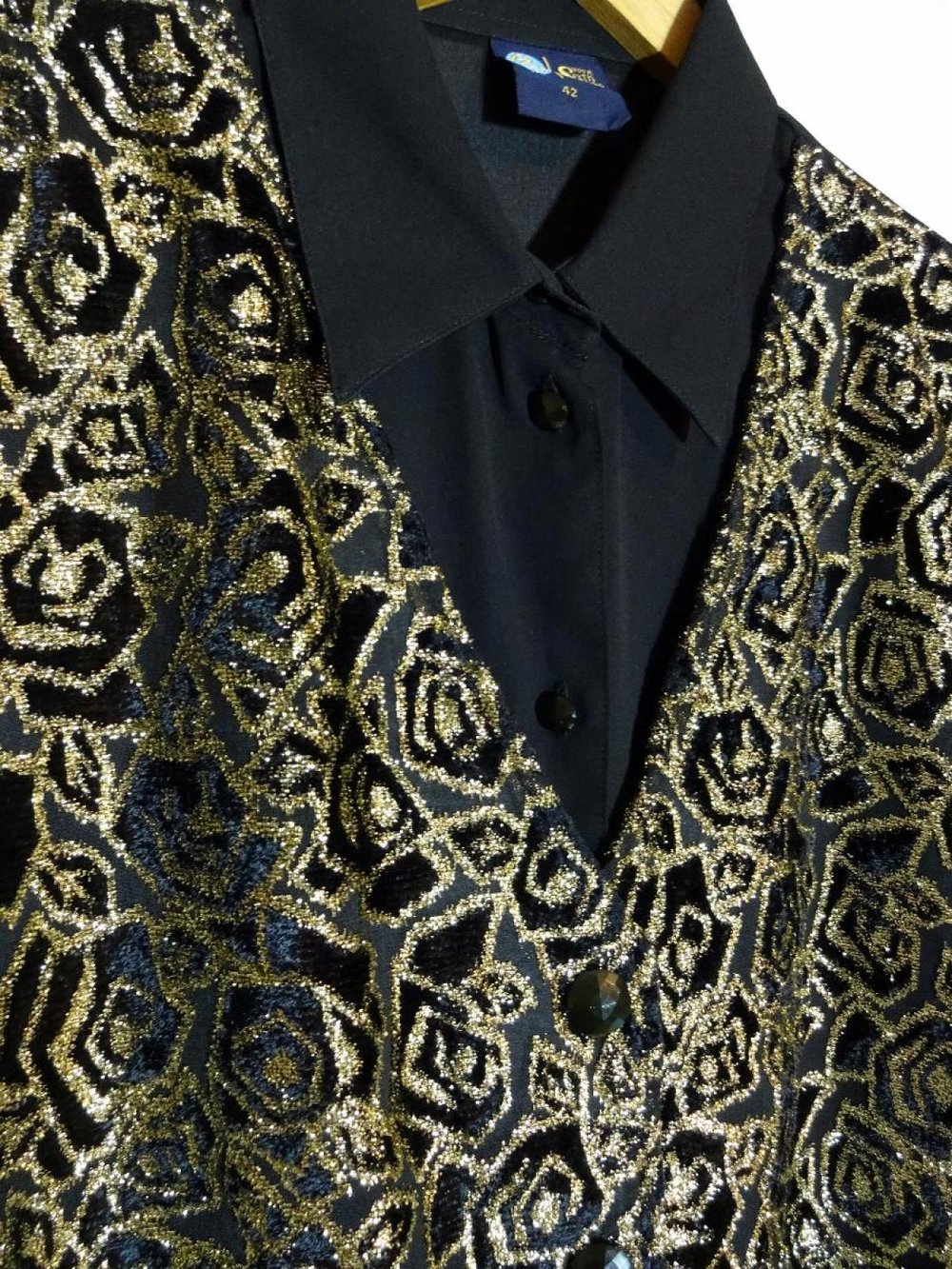 Bluse schwarz gold Vintage 80er Schulterpolster Brokat Samt Stickerei Gr. 42 Gr. M
