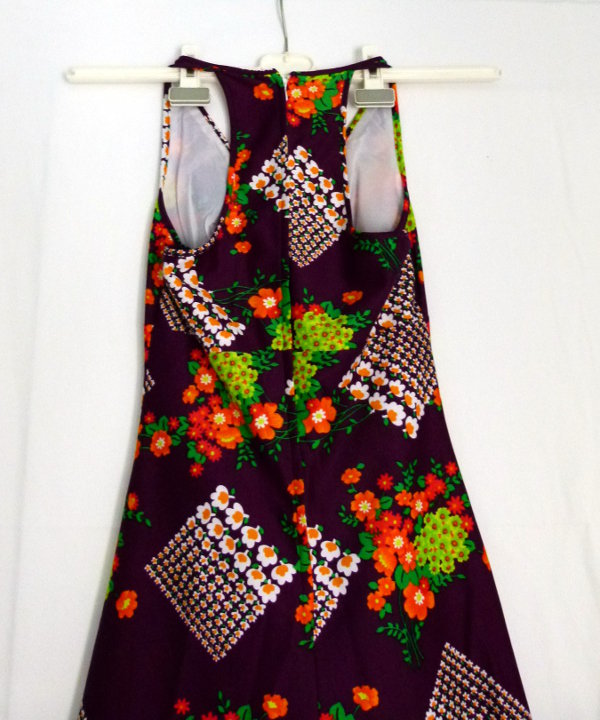 70er Jahre Abendkleid Sommerkleid, violett bunt mit Blumenmuster, Vintage Retro Boho Hippie Mori Goa Festival Unikat 70s