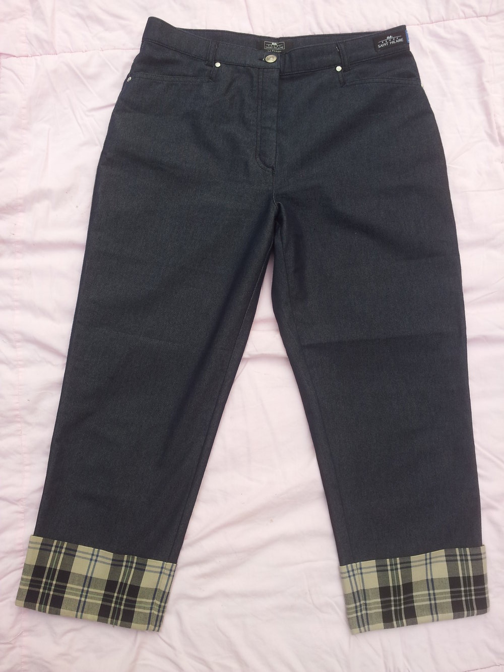  7/8 Hose Bruno Saint Hilaire blau karierter Fußsaum Stiefelhose NEU