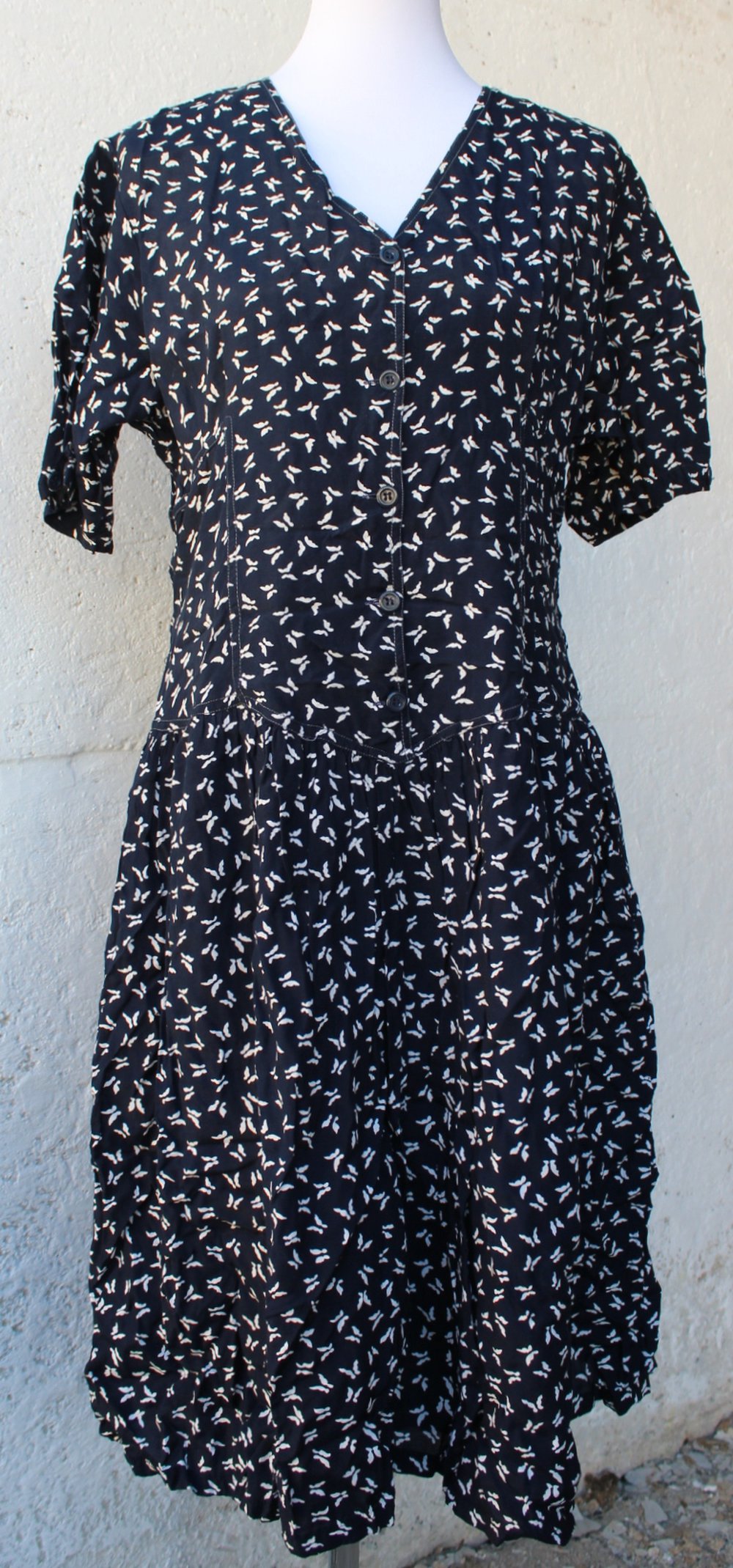 dunkelblaues True Vintagekleid mit Schmetterlingen, Größe 40