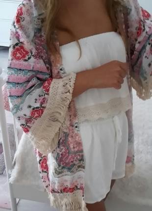 Vintage oversized Blumen Kimono Boho Hippie Chiffon XS S M