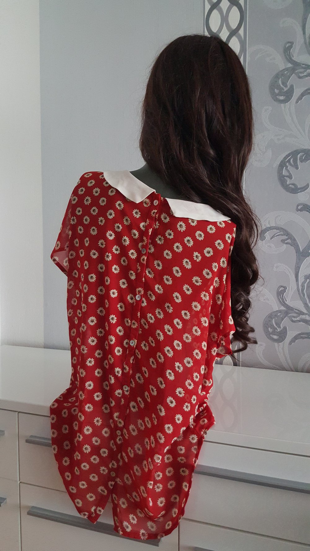 Vintage Retro Bluse Peter Pan Kragen Blumen Weiß Rot L auch XL 40 42 evtl. 44