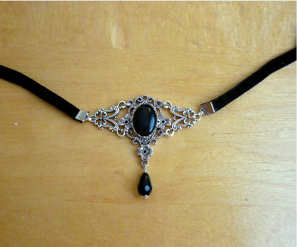 Halsband Gothic Collier schwarz silber farben Ornament Kette Goth Gotik Wave Steampunk Barock