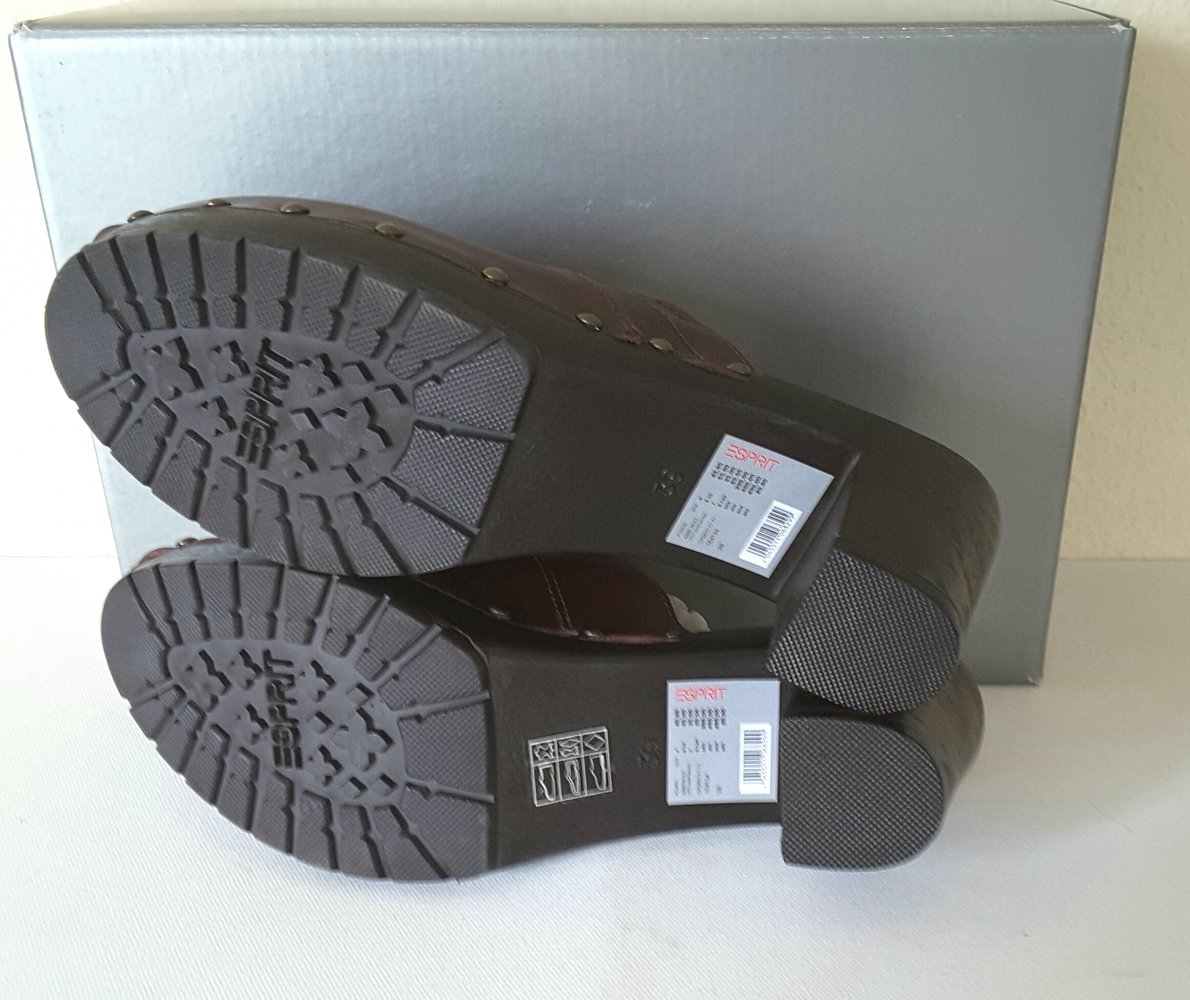 Ungetragene Esprit Clogs rot braun Holz optik Leder Größe 39 (eher 38), wie Neu!