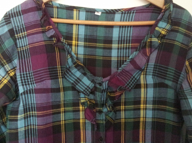 Long Bluse, kariert mit Rüschen