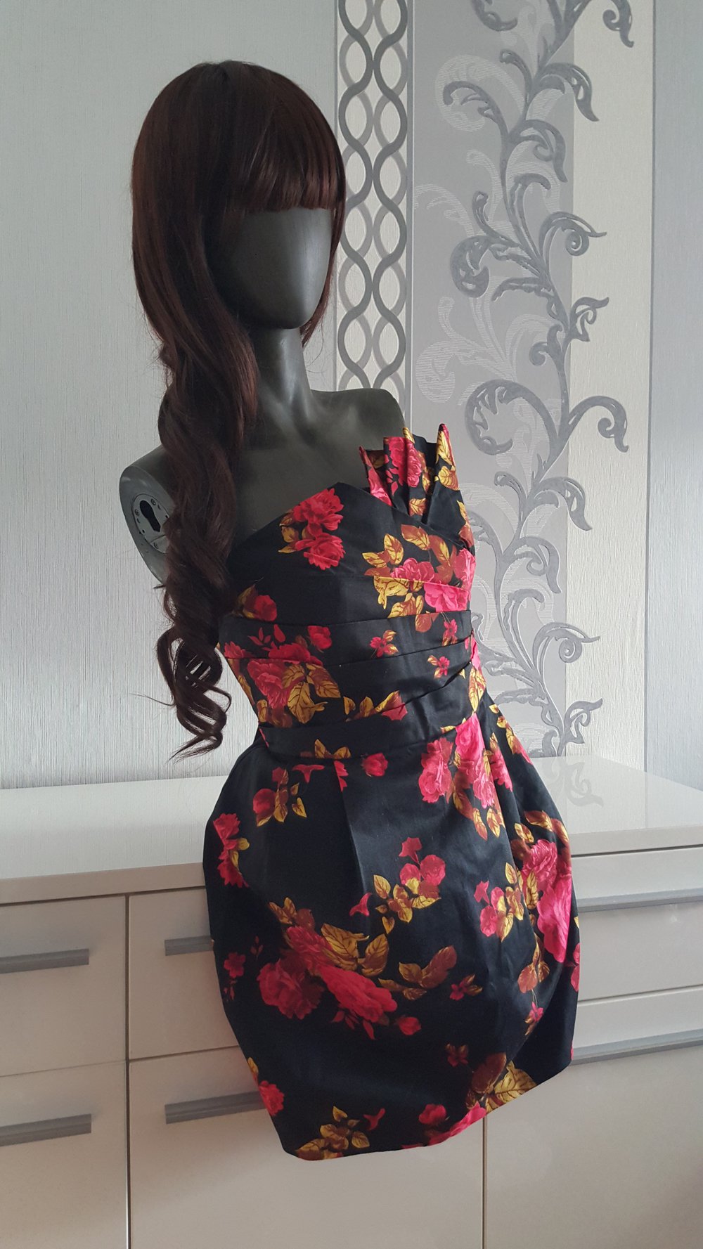 Romantik Blumen Kleid Schwarz Rot Gold XL 14 40 42 