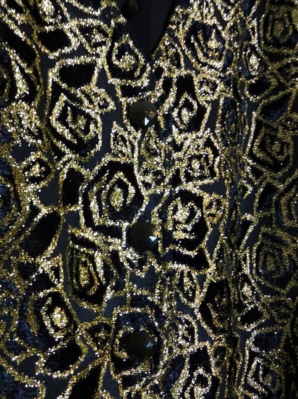 Bluse schwarz gold Vintage 80er Schulterpolster Brokat Samt Stickerei Gr. 42 Gr. M