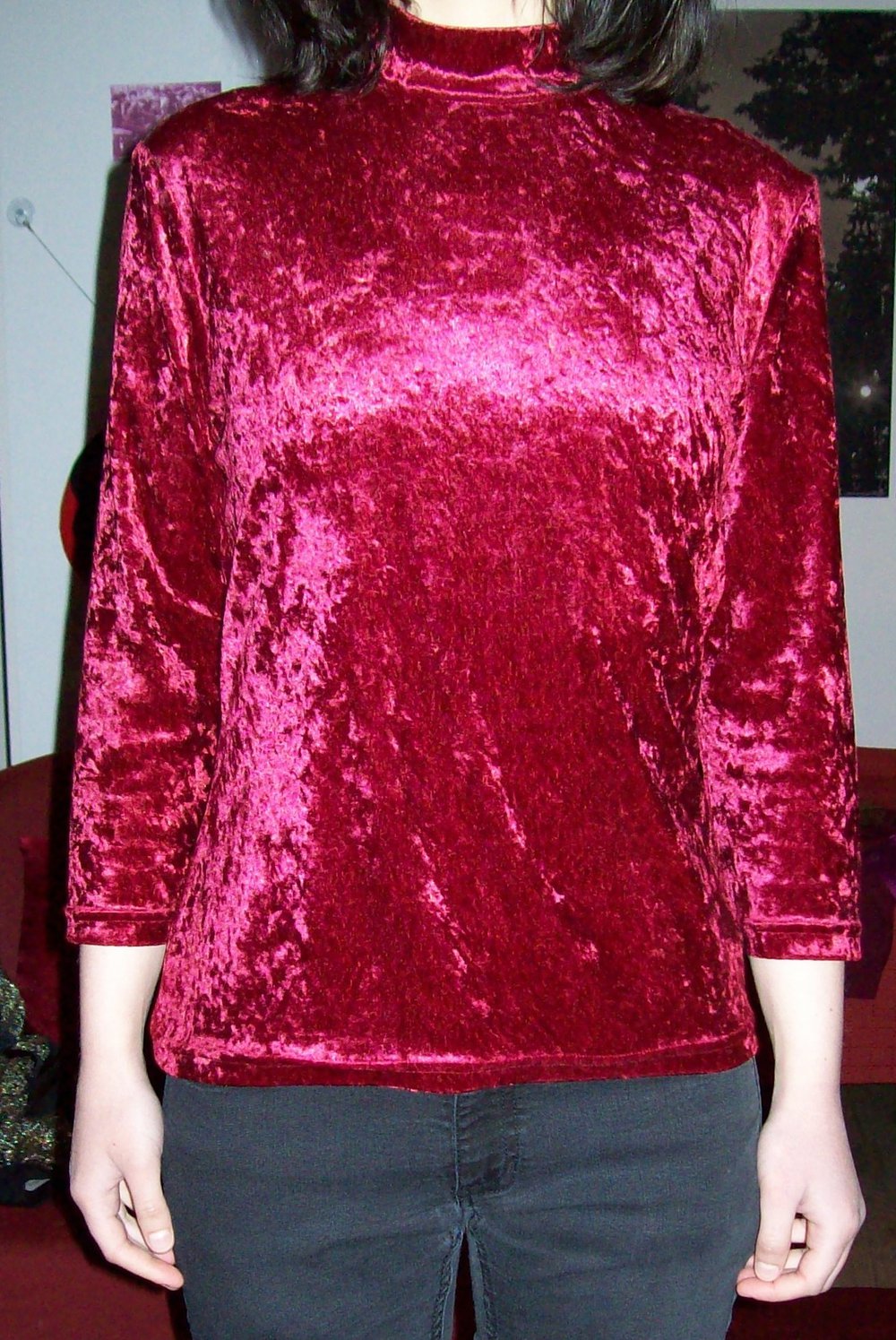 knallrotes scharlachrotes rotes hochgeschlossenes Oberteil Shirt Rollkragen Turtleneck Samt Pannesamt Dreiviertelärmel 34 36 38