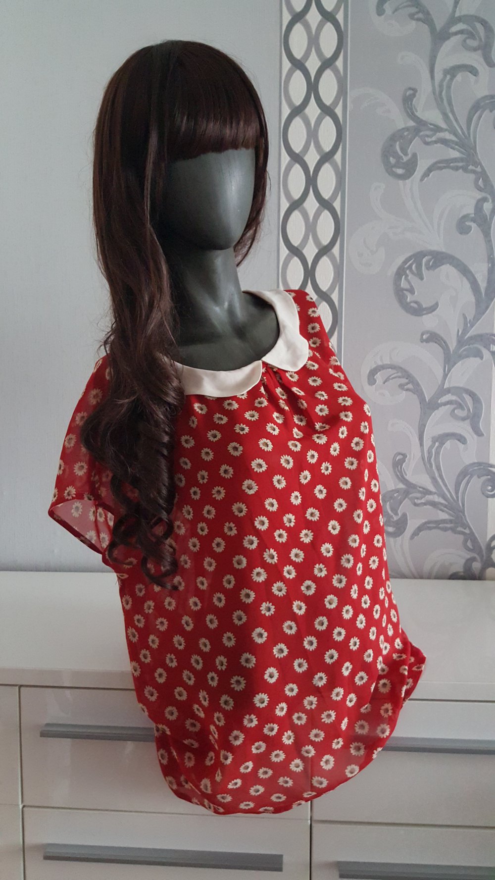 Vintage Retro Bluse Peter Pan Kragen Blumen Weiß Rot L auch XL 40 42 evtl. 44
