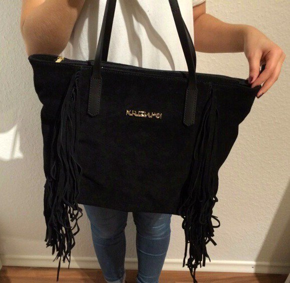 Original Kriziapoi Designer Wildleder Echtleder Leder Tasche Shopper mit Fransen schwarz Blogger