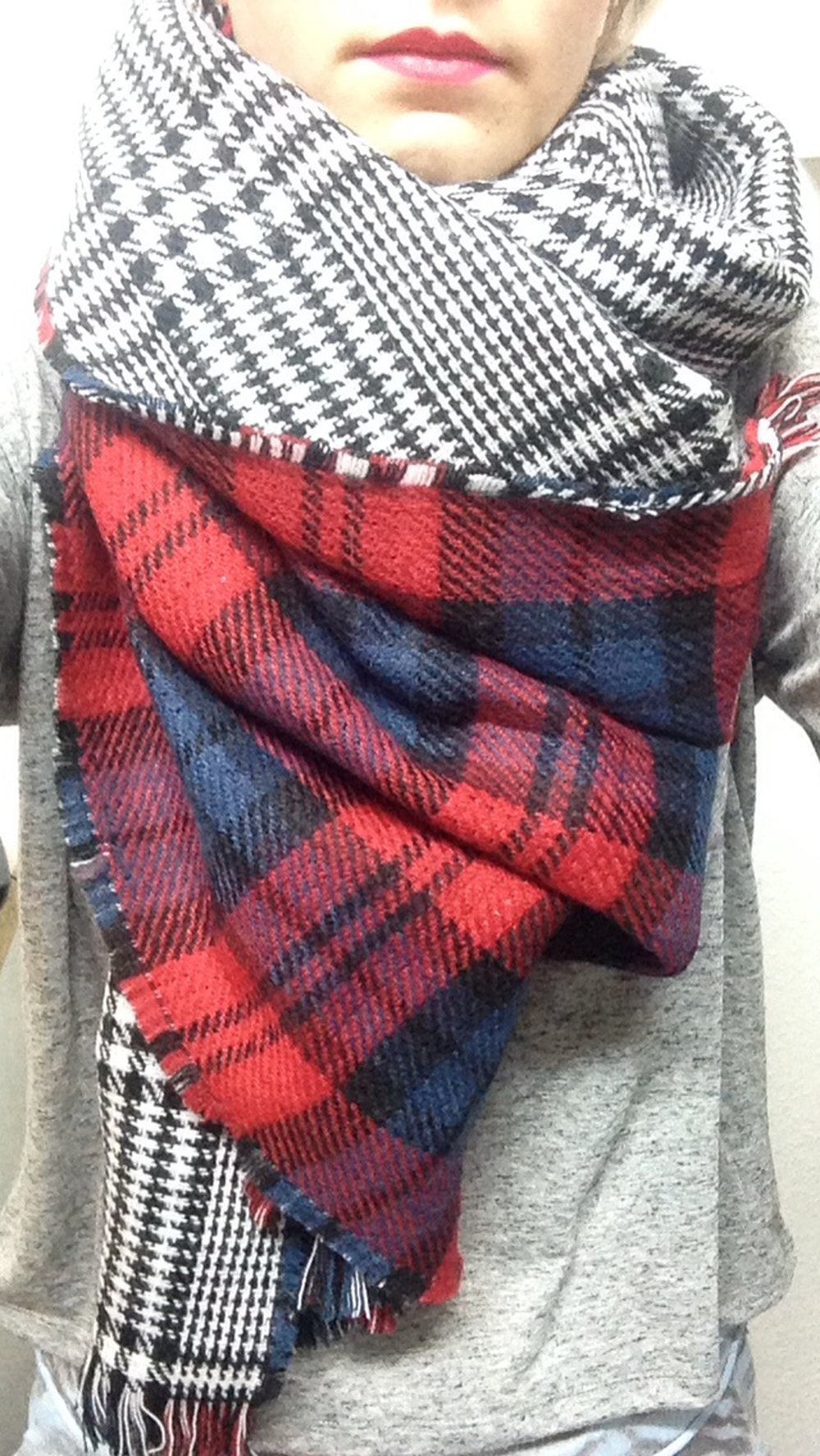 Schal XXL Wollschal Hahnentritt kariert rot schwarz weiß Blogger oversize 