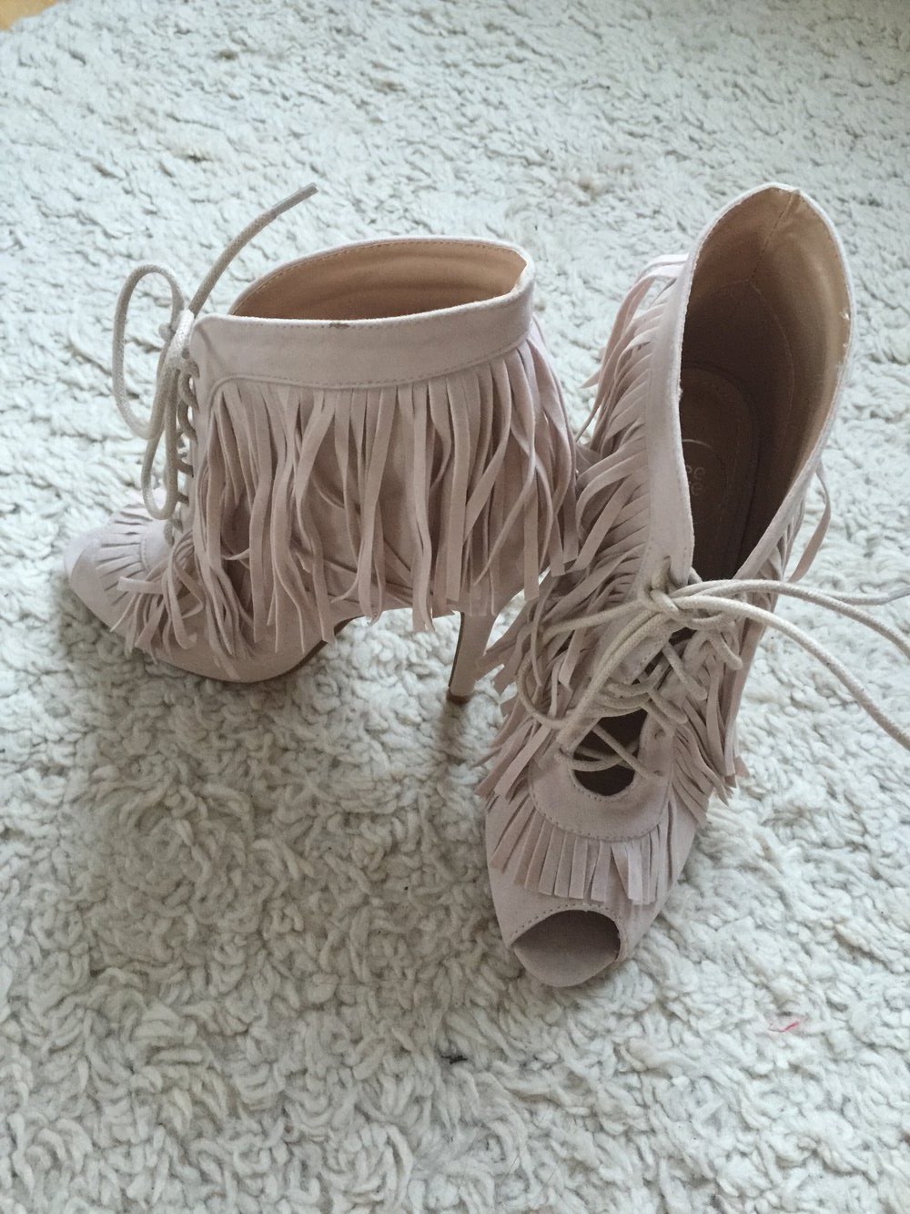 Schnür High Heels, Fransen Heels, Nude, Peep Toes